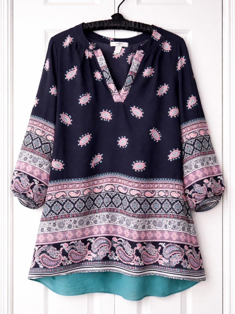 Moa Moa Paisley Tunic Blouse L XL Split Back Boho Festival Top